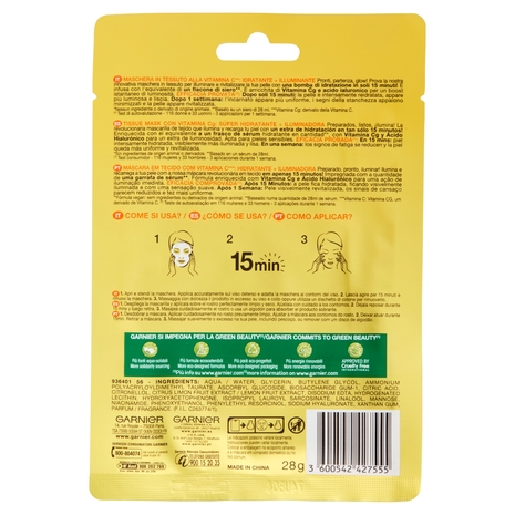 Garnier Maschera in Tessuto Hydra Bomb,Idratante e Illuminante,Con Vitamina C,Pelli Non Uniformi 28g